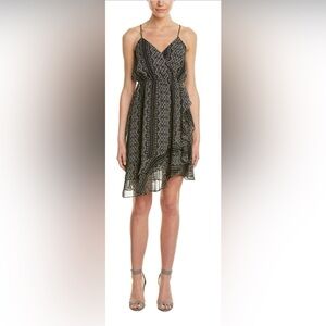 BCBGeneration Faux-Wrap Ruffle Mini Dress – Black & White Geometric – Size Small